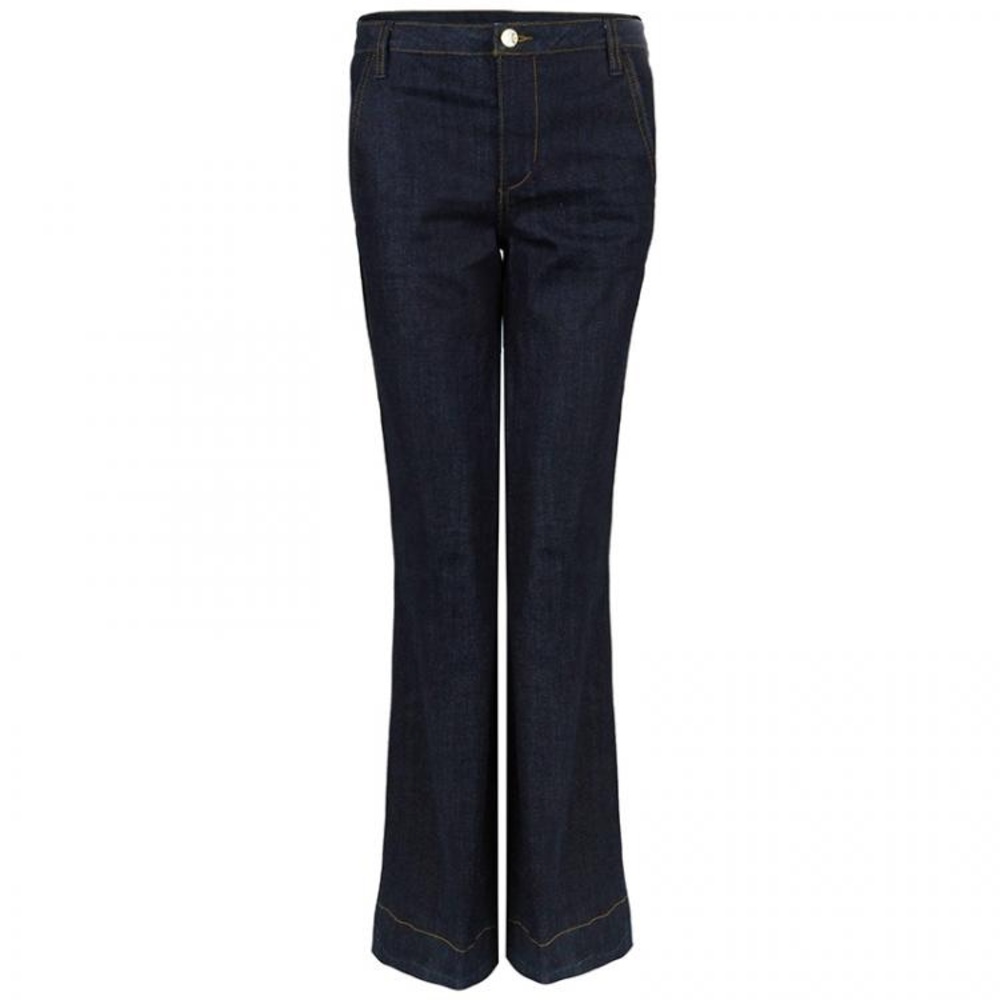 Tory Burch high waisted logo wide flare leg dark blue jean zip denim